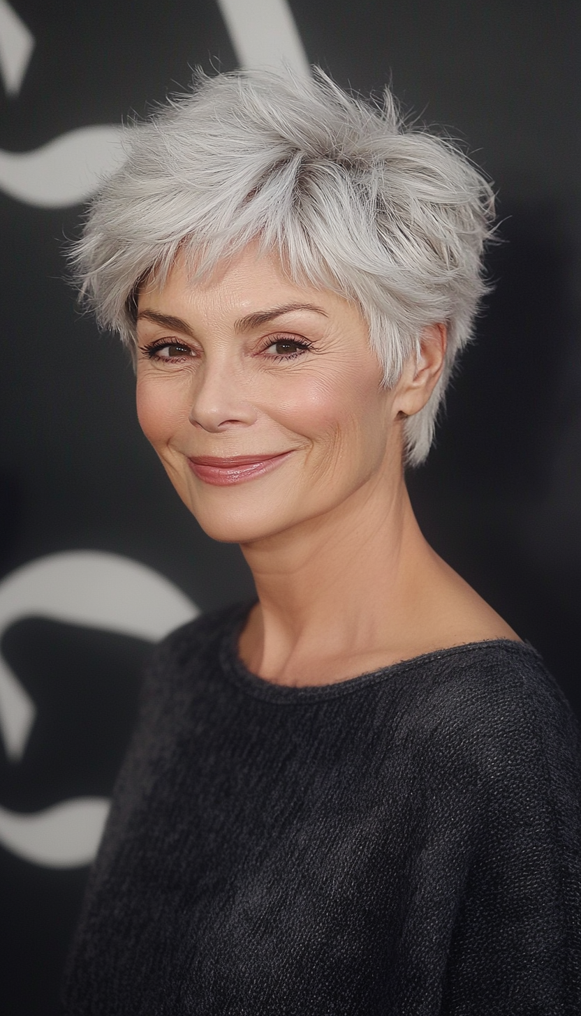 25. Fluffy Layered Pixie in Soft Silver (Pixie Haircuts For Older Women) - Pixie Haircuts For Older Women