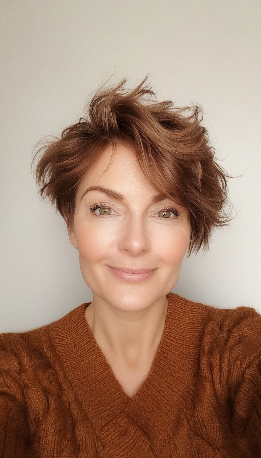 26. Side-Tousled Pixie in Rich Hazelnut Brown (Pixie Haircuts For Older Women) - Pixie Haircuts For Older Women