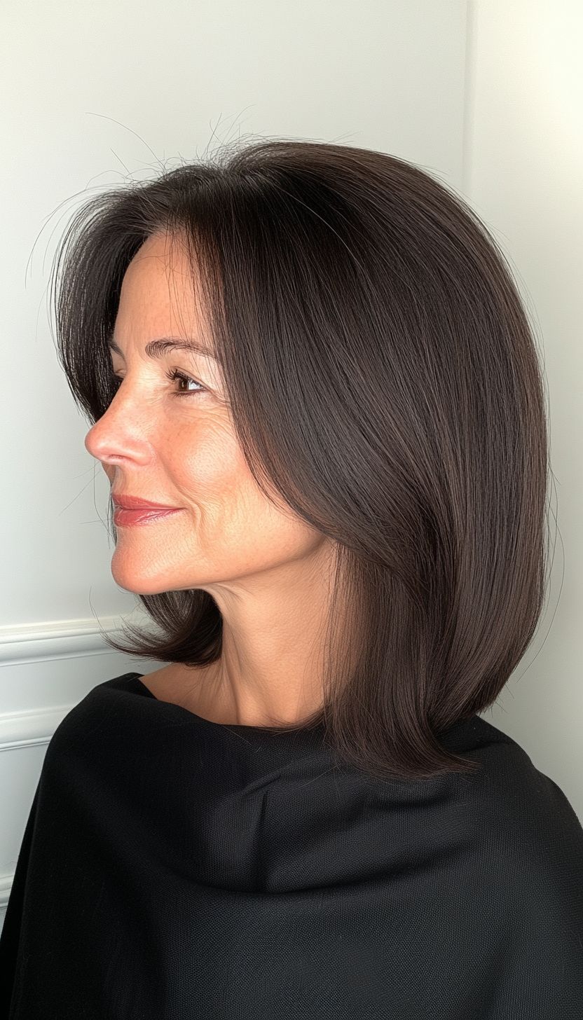 4. Sleek Straight Cut in Classic Black (Medium Length Hairstyles For Older Women) - Medium Length Hairstyles For Older Women