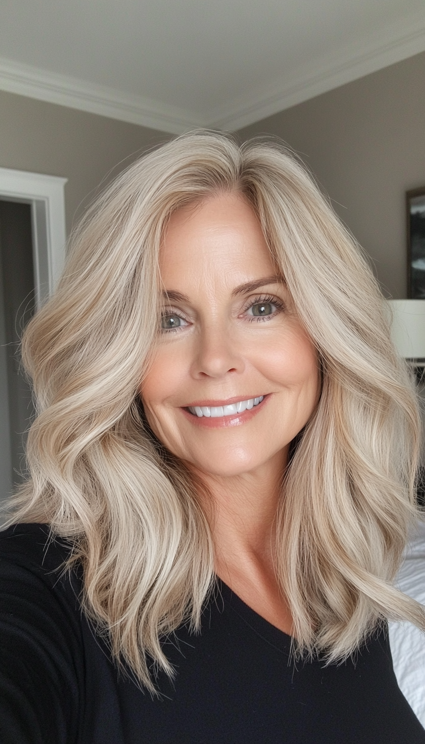 6. Tousled Waves in Sandy Blonde (Medium Length Hairstyles For Older Women) - Medium Length Hairstyles For Older Women