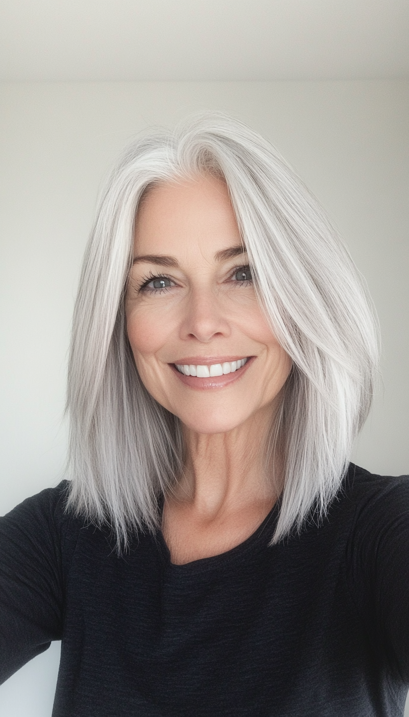 9. Chin-Length Layers in Cool Silver (Medium Length Hairstyles For Older Women) - Medium Length Hairstyles For Older Women