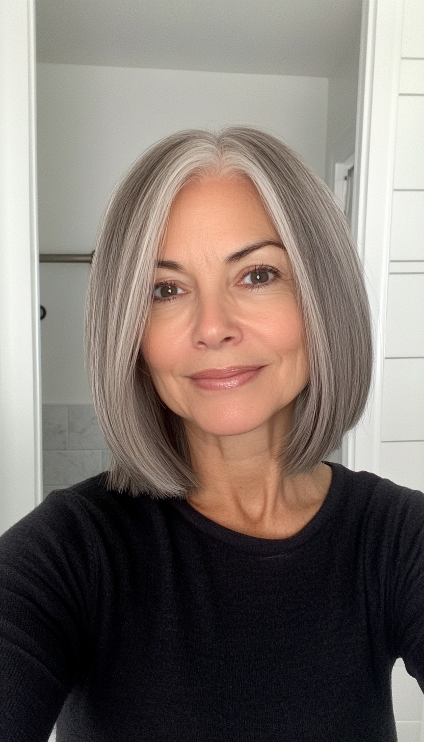 12. Classic Mid-Length Bob in Smoky Gray (Medium Length Hairstyles For Older Women) - Medium Length Hairstyles For Older Women