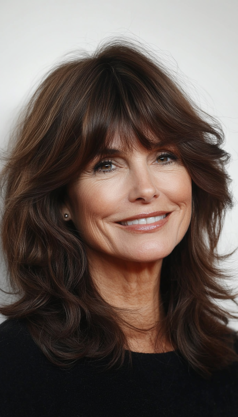 13. Wispy Bangs with Medium Layers in Espresso Brown (Medium Length Hairstyles For Older Women) - Medium Length Hairstyles For Older Women