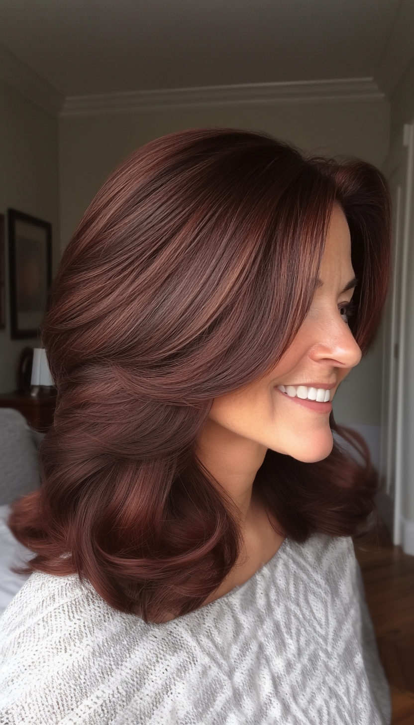 14. Curved Layers in Rich Mahogany (Medium Length Hairstyles For Older Women) - Medium Length Hairstyles For Older Women