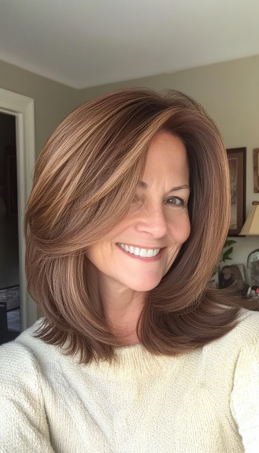 15. Angled Lob in Warm Brown (Medium Length Hairstyles For Older Women) - Medium Length Hairstyles For Older Women