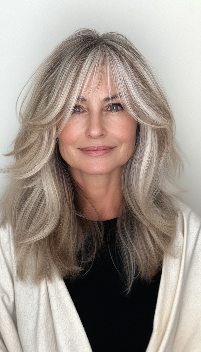 17. Long Curtain Bangs in Cool Blonde (Medium Length Hairstyles For Older Women) - Medium Length Hairstyles For Older Women
