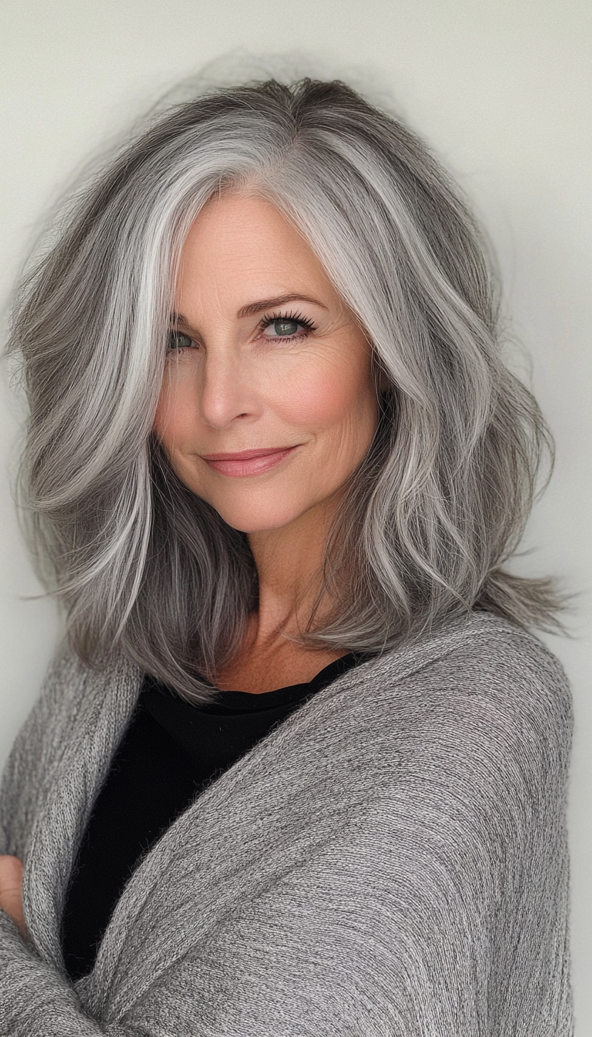 18. Soft Waves with Side Part in Natural Gray (Medium Length Hairstyles For Older Women) - Medium Length Hairstyles For Older Women