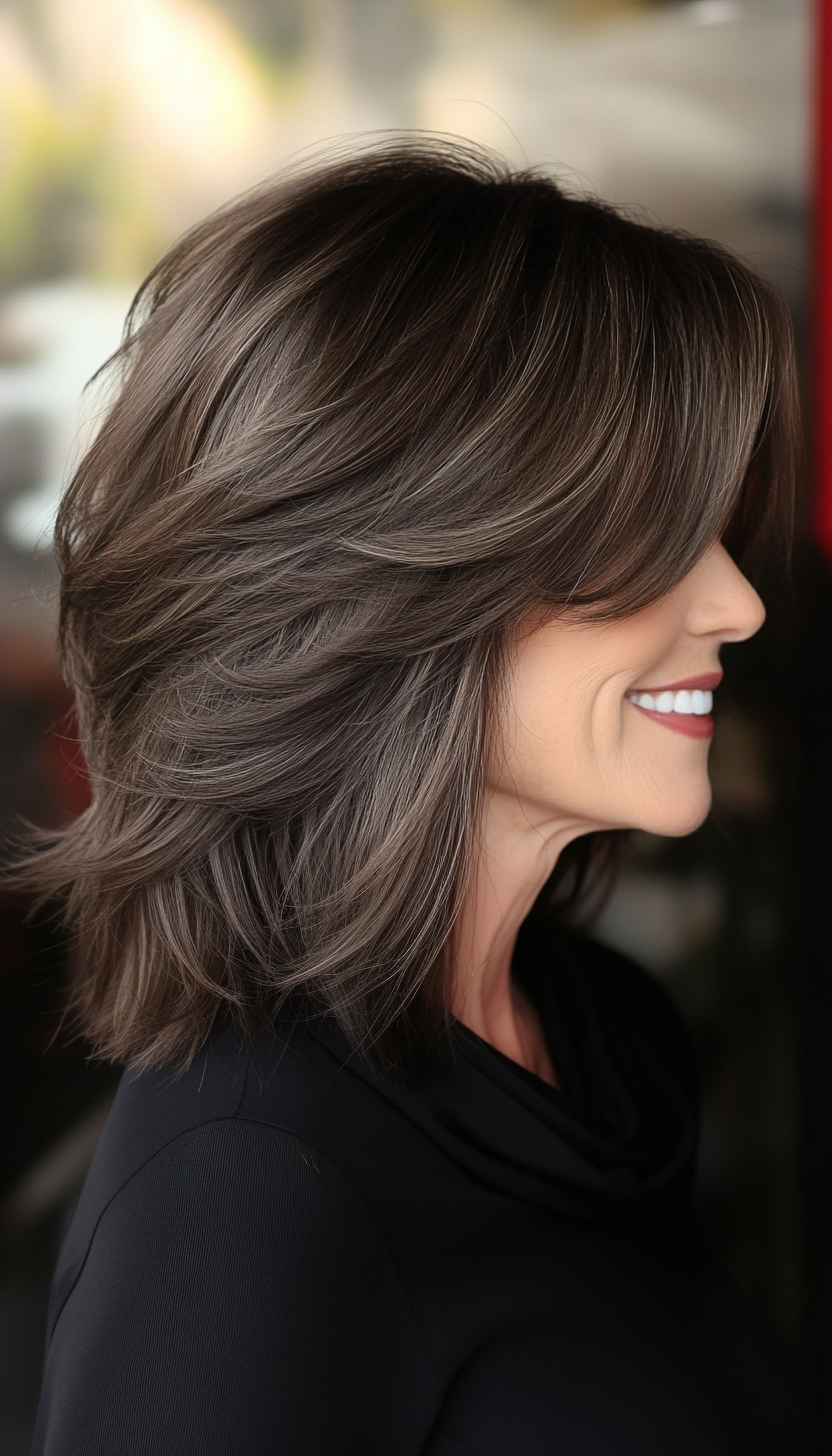 19. Layered Shoulder-Length Shag in Dark Brunette (Medium Length Hairstyles For Older Women) - Medium Length Hairstyles For Older Women