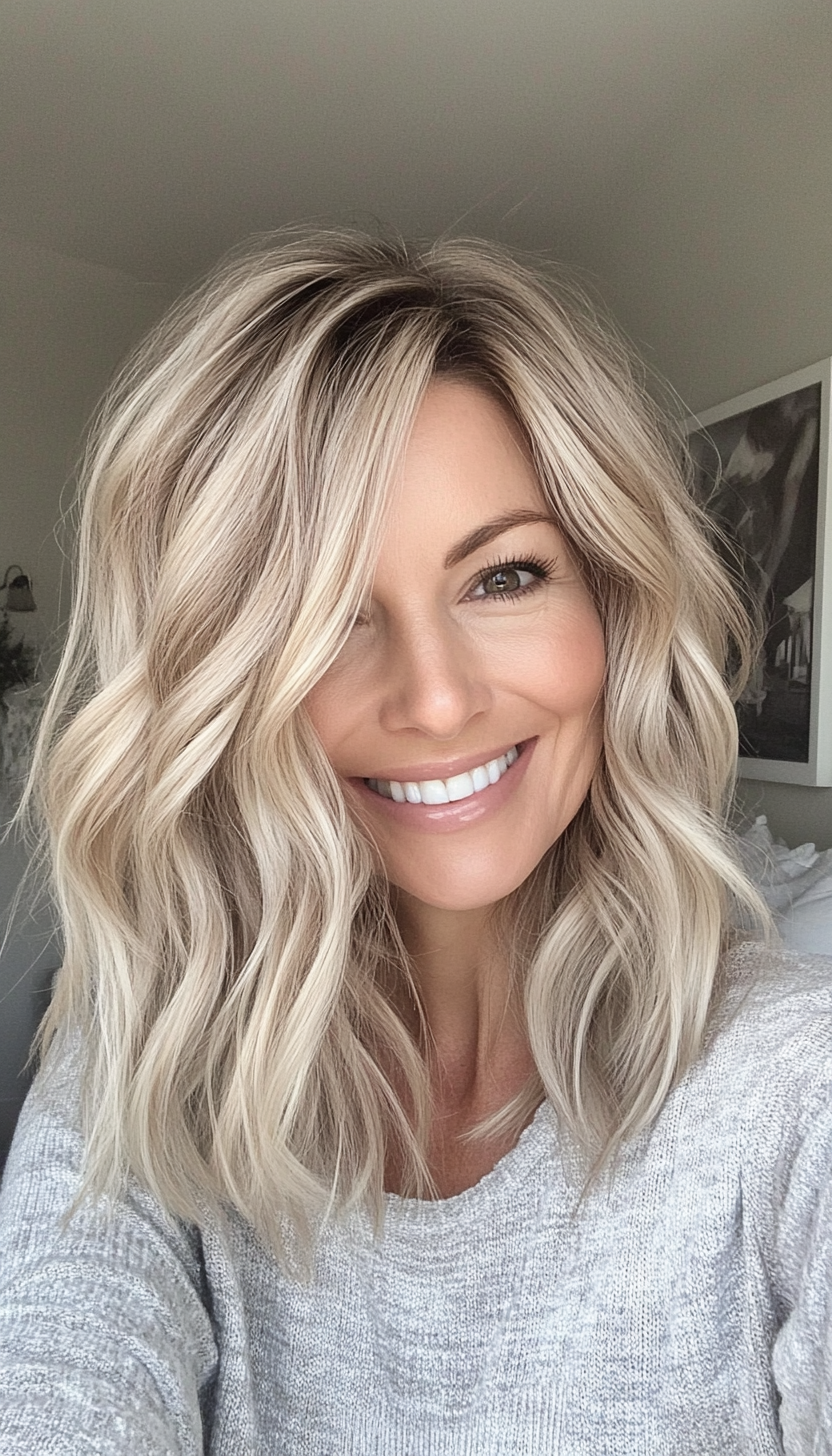 23. Shoulder-Length Wavy Lob in Soft Beige Blonde (Medium Length Hairstyles For Older Women) - Medium Length Hairstyles For Older Women