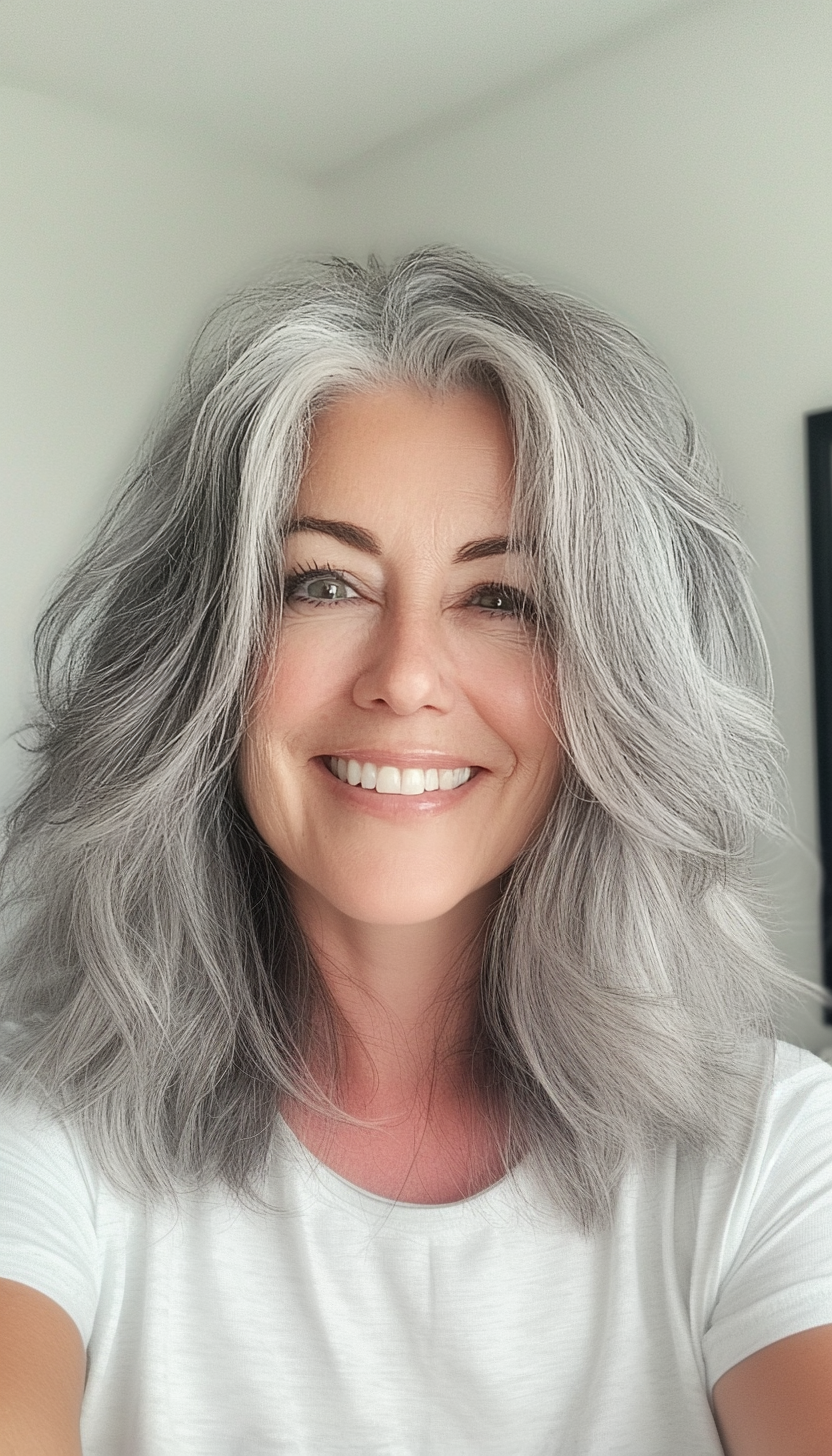 24. Messy Shag in Salt and Pepper Gray (Medium Length Hairstyles For Older Women) - Medium Length Hairstyles For Older Women