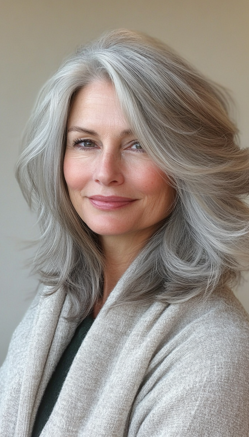 27. Face-Framing Feathered Lob in Ash Gray (Medium Length Hairstyles For Older Women) - Medium Length Hairstyles For Older Women