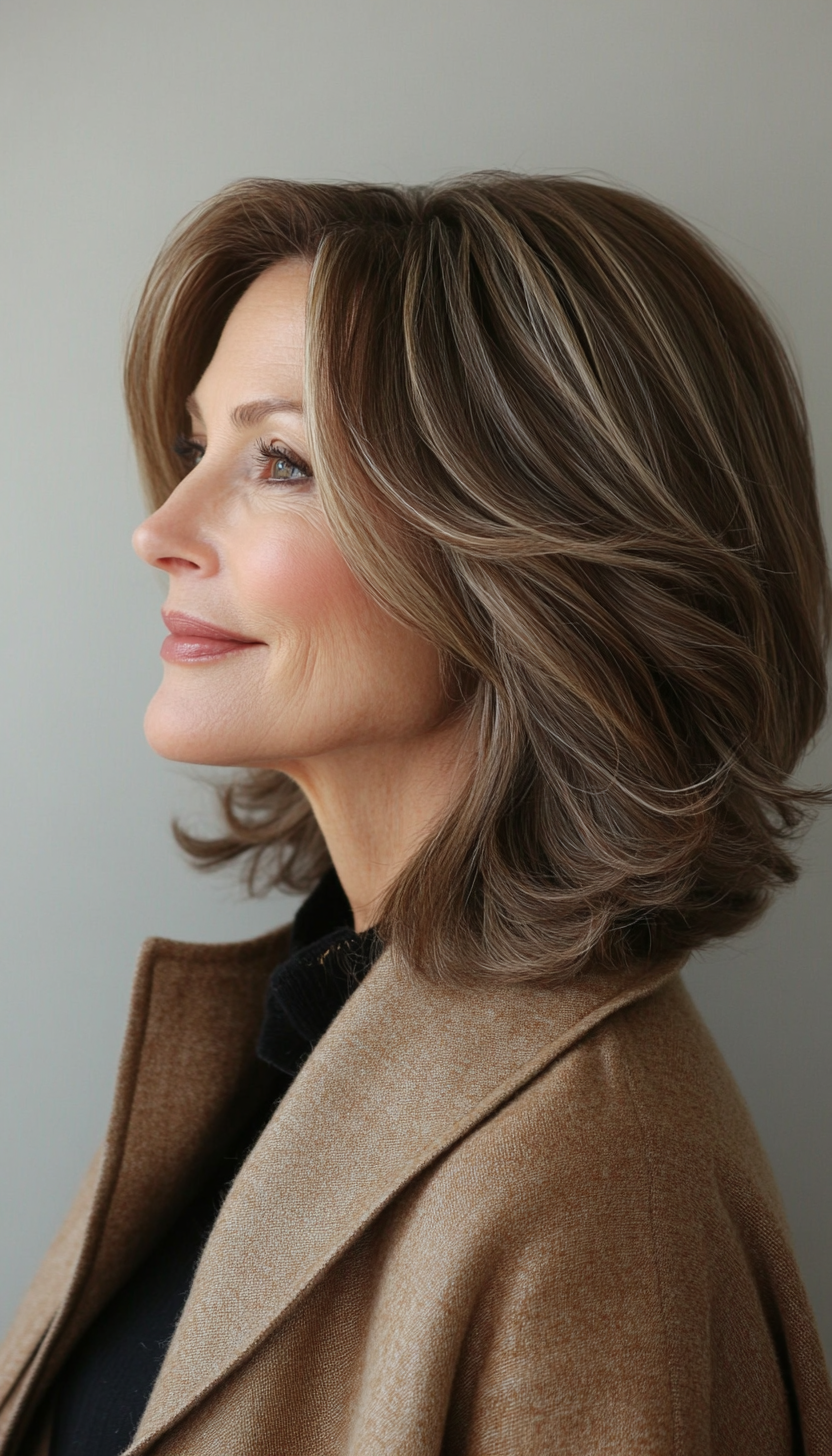 1. Soft Feathered Layers in Warm Chestnut (Medium Haircuts For Women Over 50) - Medium Haircuts For Women Over 50