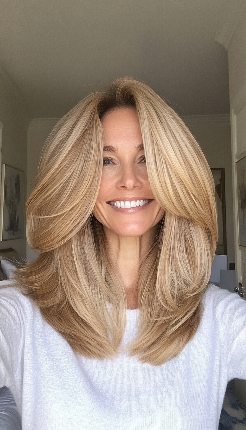 3. Wispy Layered Lob in Honey Blonde (Medium Haircuts For Women Over 50) - Medium Haircuts For Women Over 50