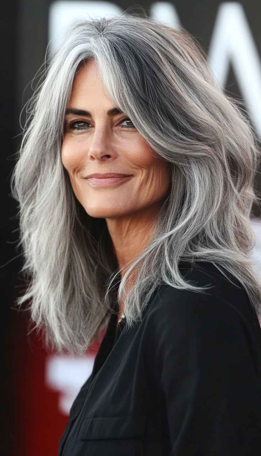 5. Textured Shoulder Cut in Salt and Pepper Blend (Medium Haircuts For Women Over 50) - Medium Haircuts For Women Over 50