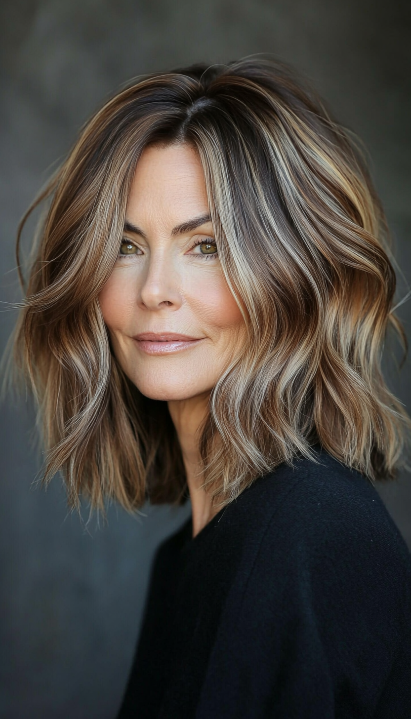 6. Wavy Shag in Caramel Brown (Medium Haircuts For Women Over 50) - Medium Haircuts For Women Over 50