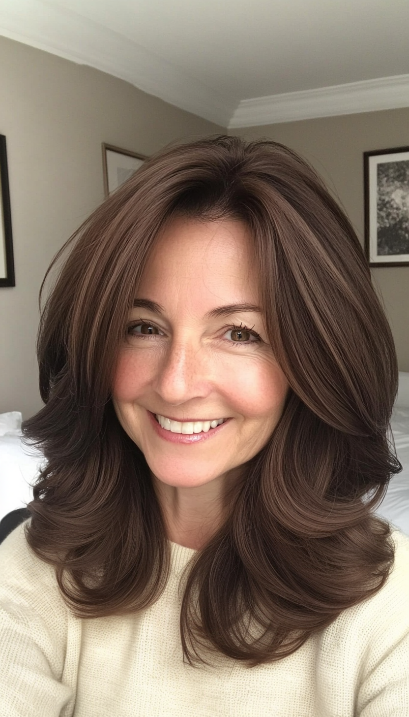 8. Face-Framing Layers in Chocolate Brown (Medium Haircuts For Women Over 50) - Medium Haircuts For Women Over 50