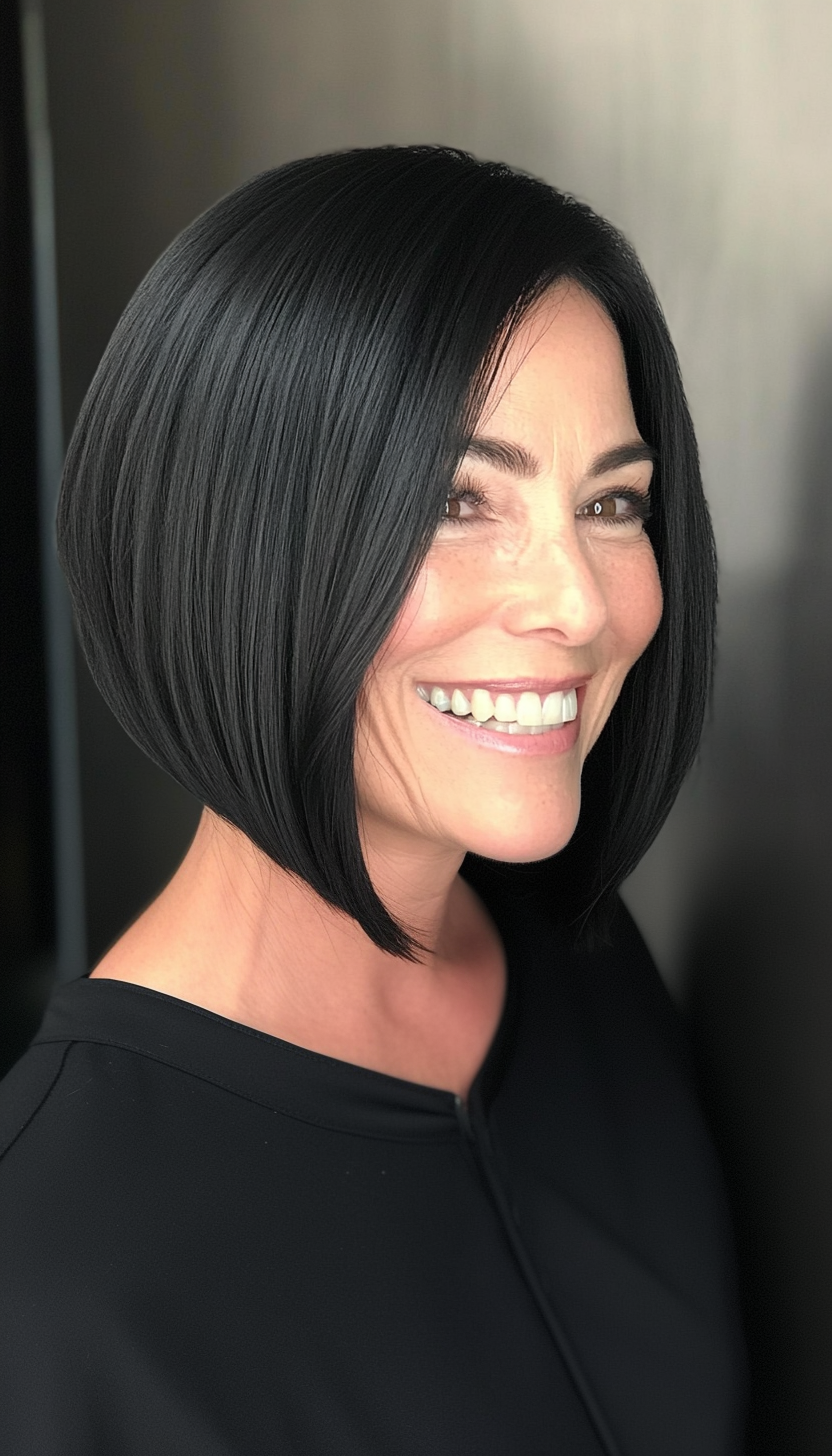 9. Sleek Angled Bob in Natural Black (Medium Haircuts For Women Over 50) - Medium Haircuts For Women Over 50