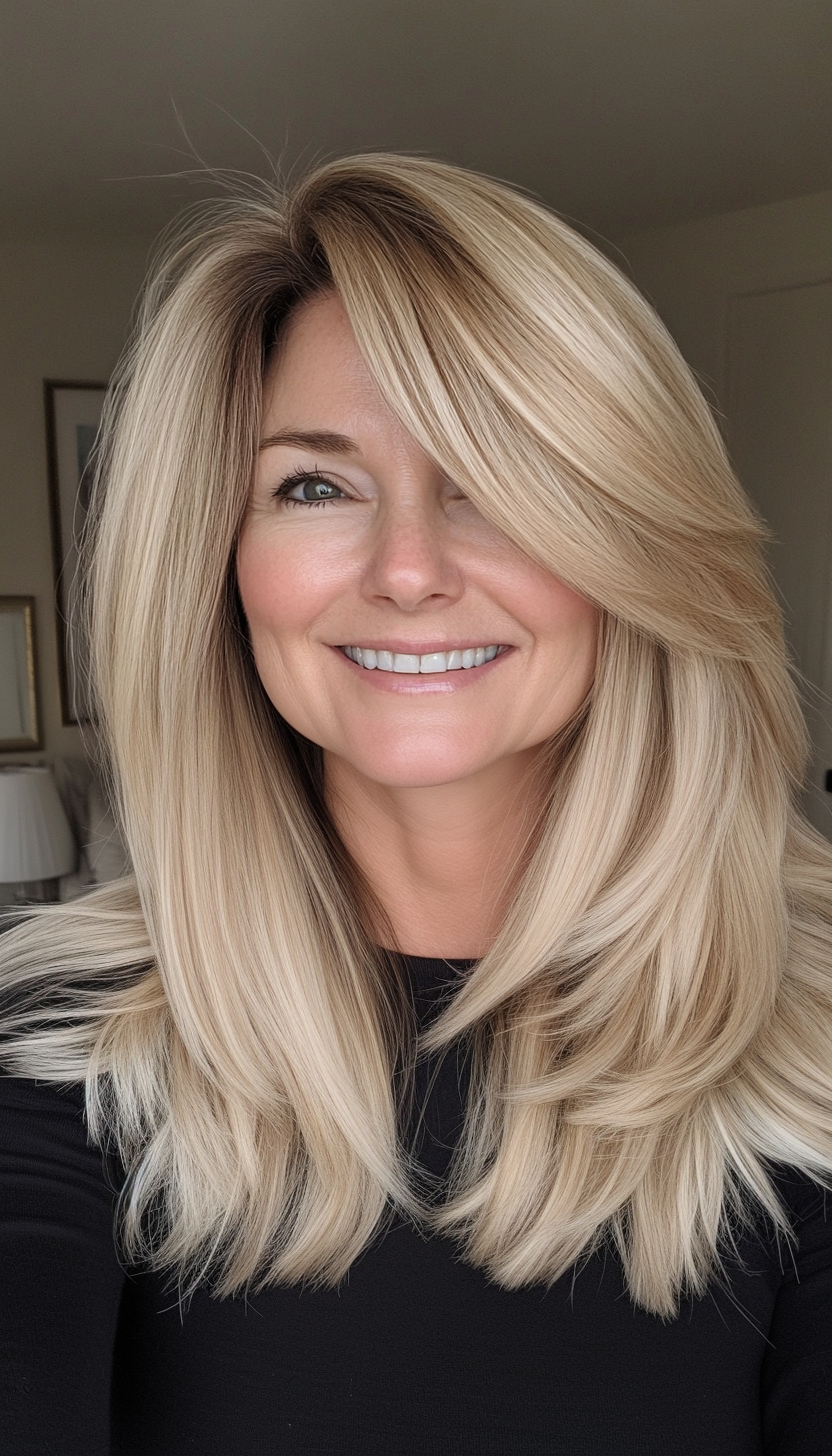 13. Classic Mid-Length with Curtain Bangs in Sandy Blonde (Medium Haircuts For Women Over 50) - Medium Haircuts For Women Over 50