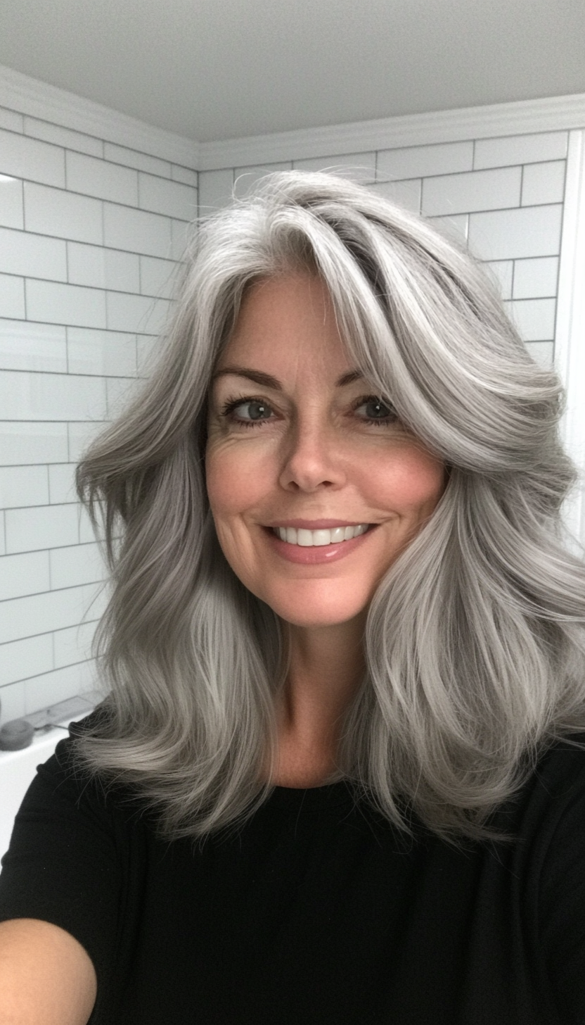 14. Soft Layered Waves in Smoky Gray (Medium Haircuts For Women Over 50) - Medium Haircuts For Women Over 50