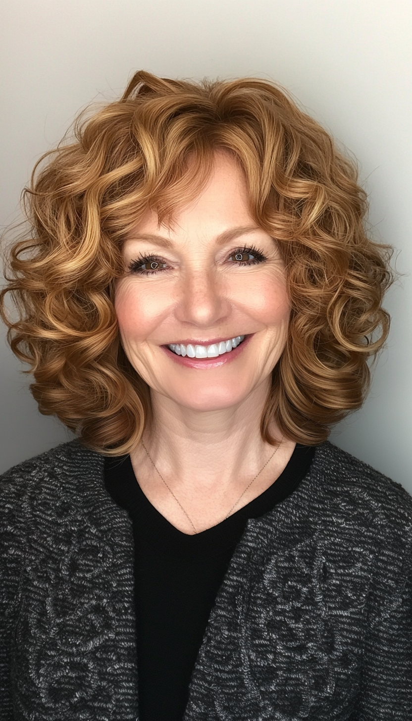 15. Curly Lob in Golden Brown (Medium Haircuts For Women Over 50) - Medium Haircuts For Women Over 50