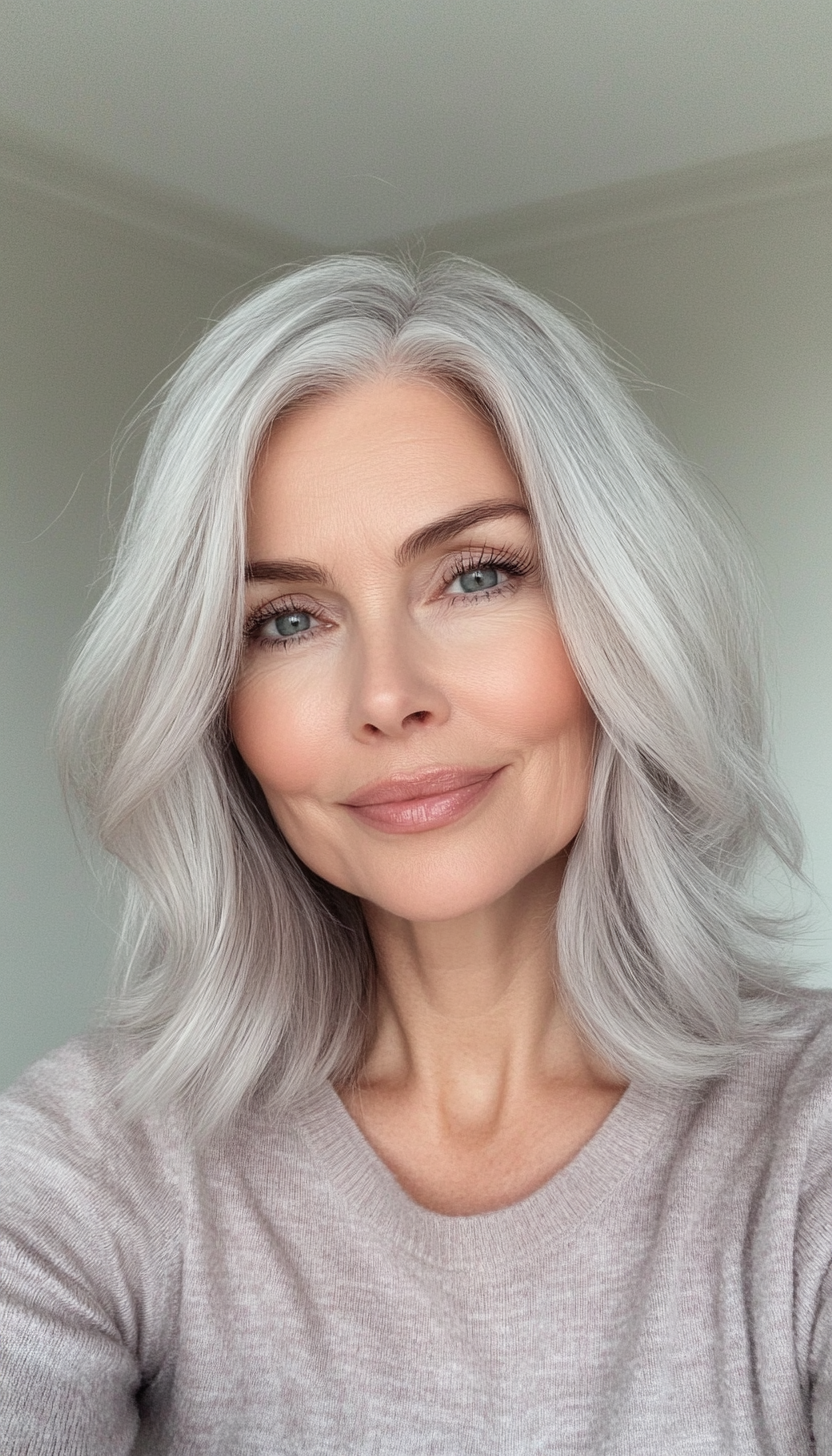 16. Voluminous Layered Cut in Natural White (Medium Haircuts For Women Over 50) - Medium Haircuts For Women Over 50