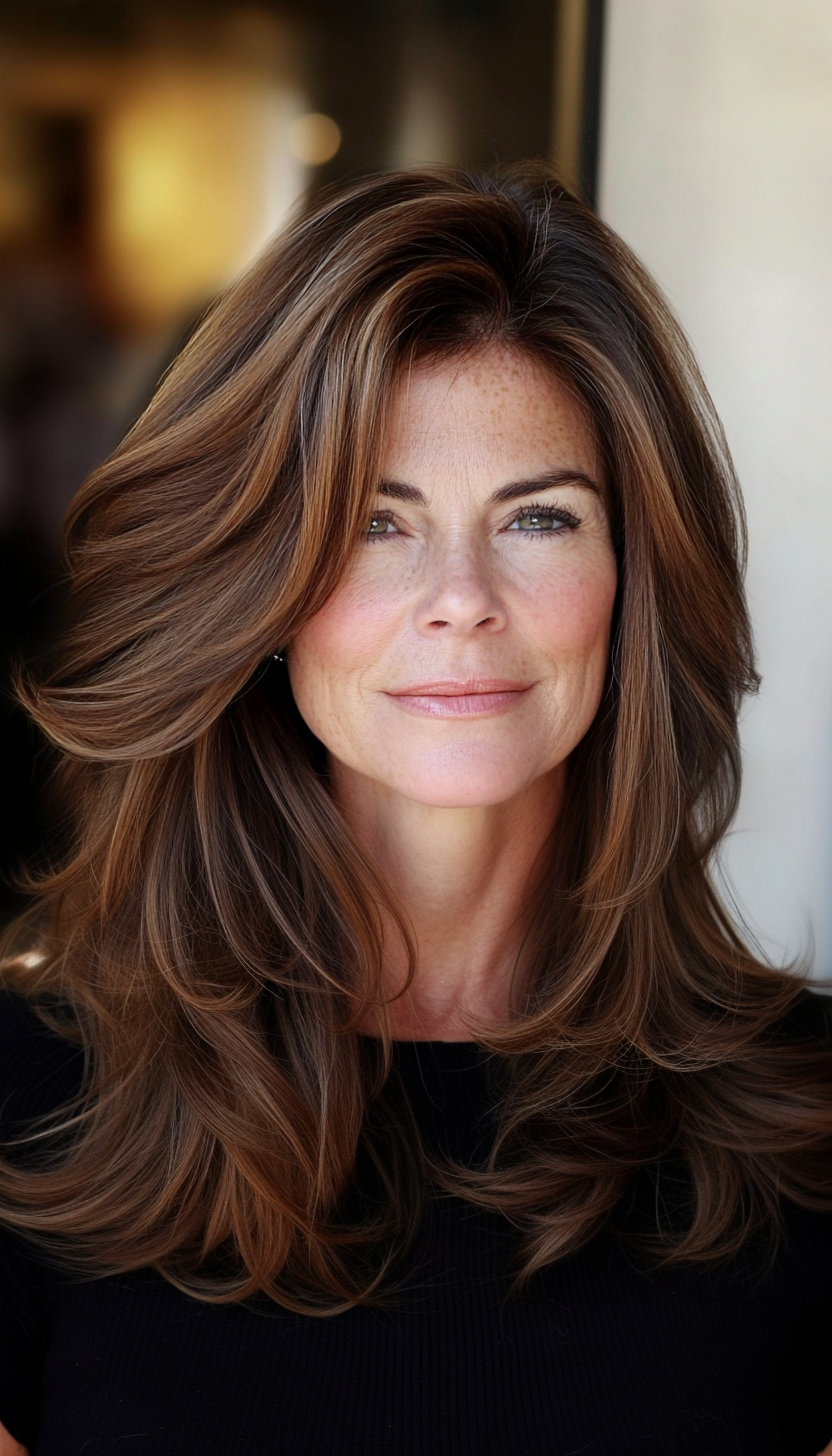 19. Swooping Layers in Cool Brown (Medium Haircuts For Women Over 50) - Medium Haircuts For Women Over 50