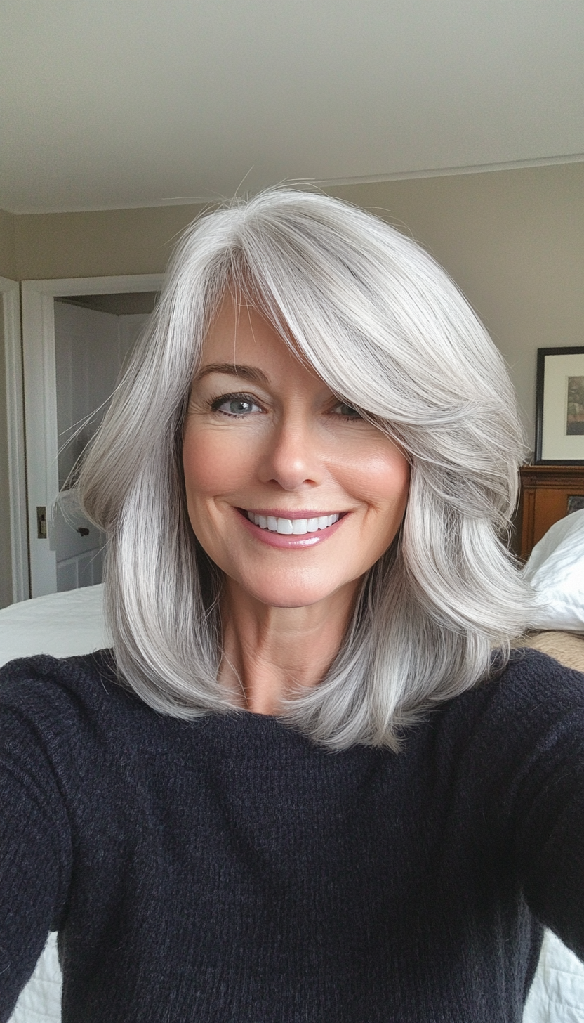 20. Classic Shoulder-Length with Side Bangs in Platinum Gray (Medium Haircuts For Women Over 50) - Medium Haircuts For Women Over 50