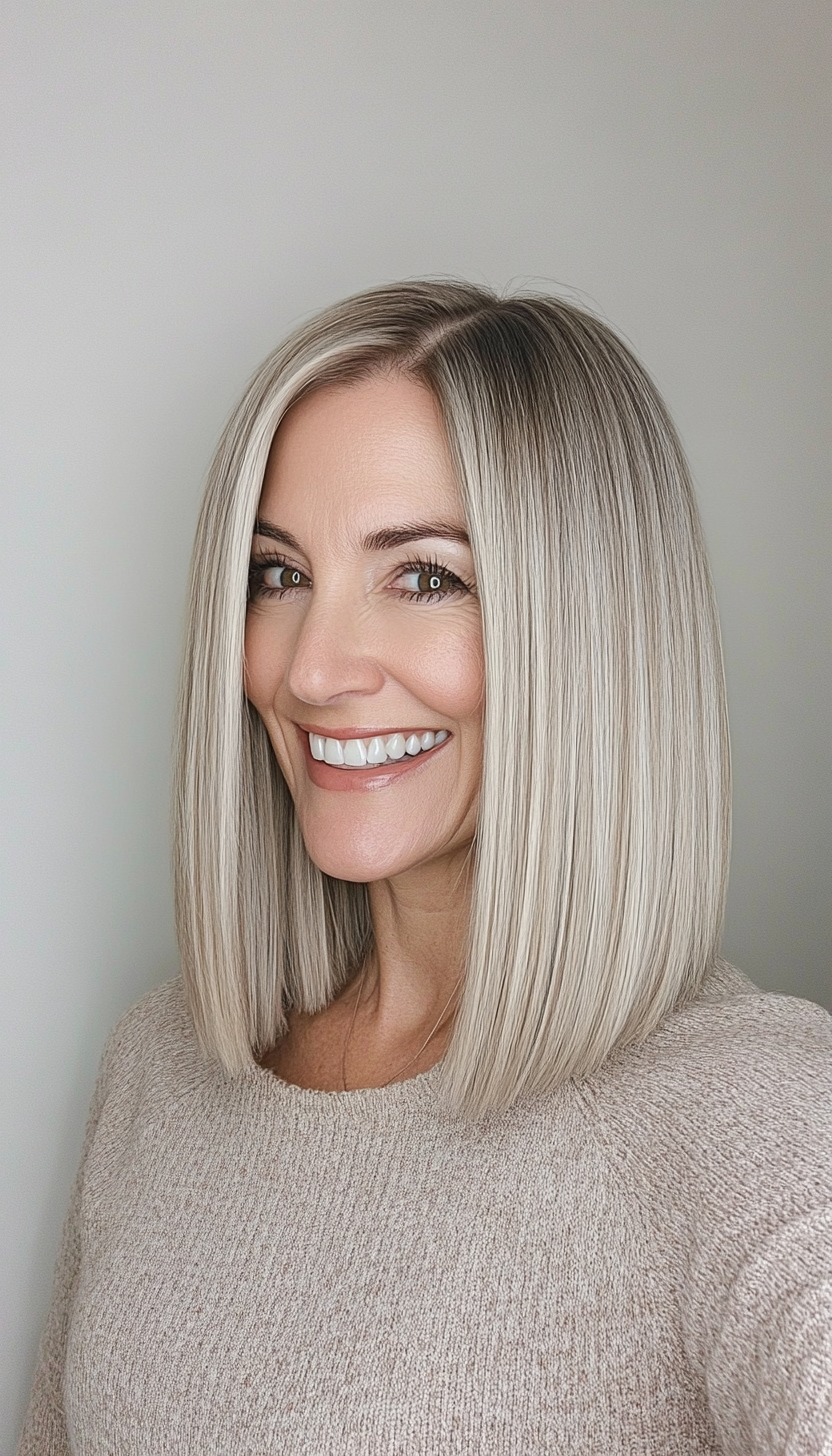 21. Straight Blunt Lob in Soft Ash Blonde (Medium Haircuts For Women Over 50) - Medium Haircuts For Women Over 50