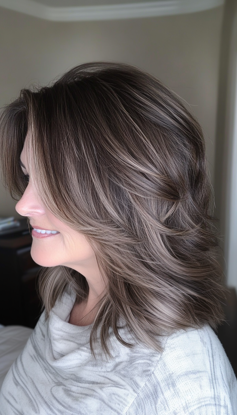 22. Textured Midi with Subtle Highlights in Dark Brown (Medium Haircuts For Women Over 50) - Medium Haircuts For Women Over 50