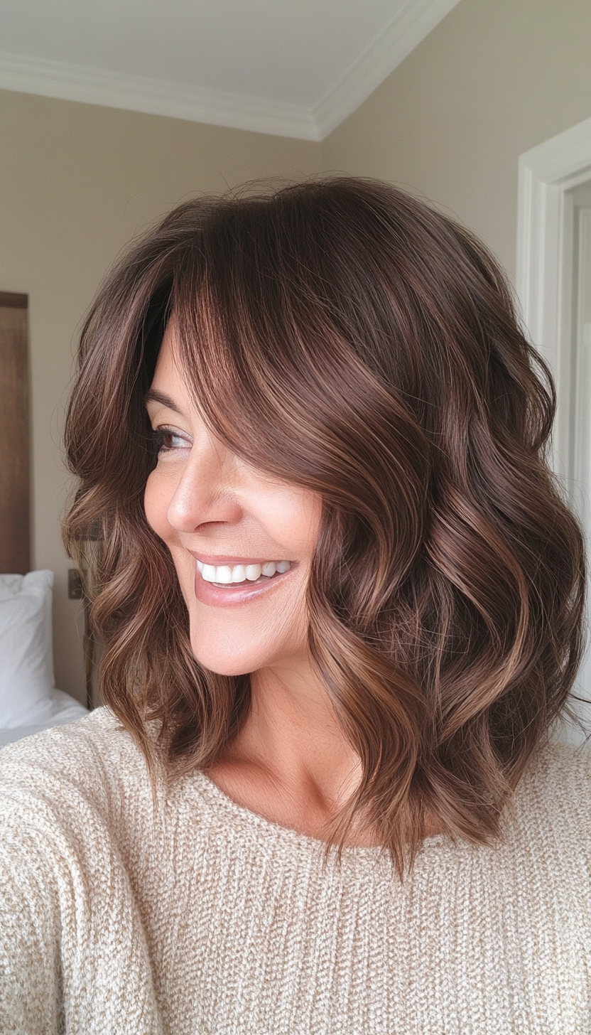 24. Wavy Shoulder Cut in Cocoa Brown (Medium Haircuts For Women Over 50) - Medium Haircuts For Women Over 50