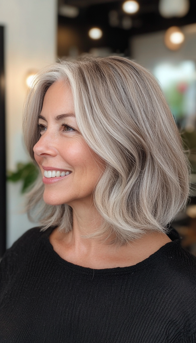 25. Layered Bob in Natural Gray Blend (Medium Haircuts For Women Over 50) - Medium Haircuts For Women Over 50