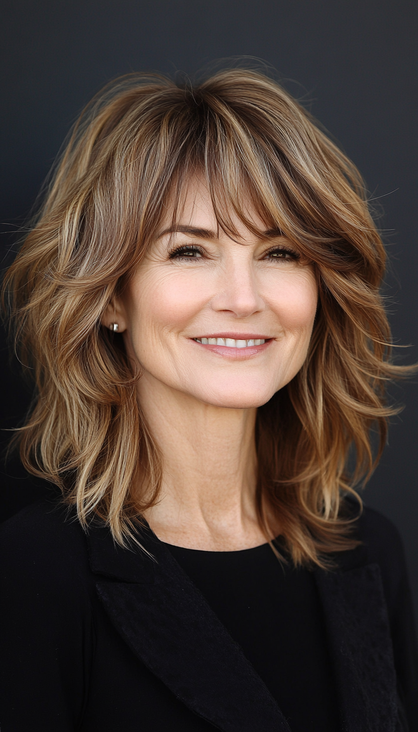 26. Mid-Length with Wispy Bangs in Warm Hazelnut (Medium Haircuts For Women Over 50) - Medium Haircuts For Women Over 50