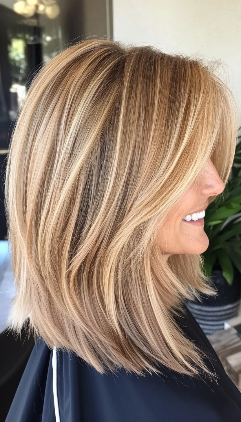 27. Textured Lob in Soft Caramel Blonde (Medium Haircuts For Women Over 50) - Medium Haircuts For Women Over 50