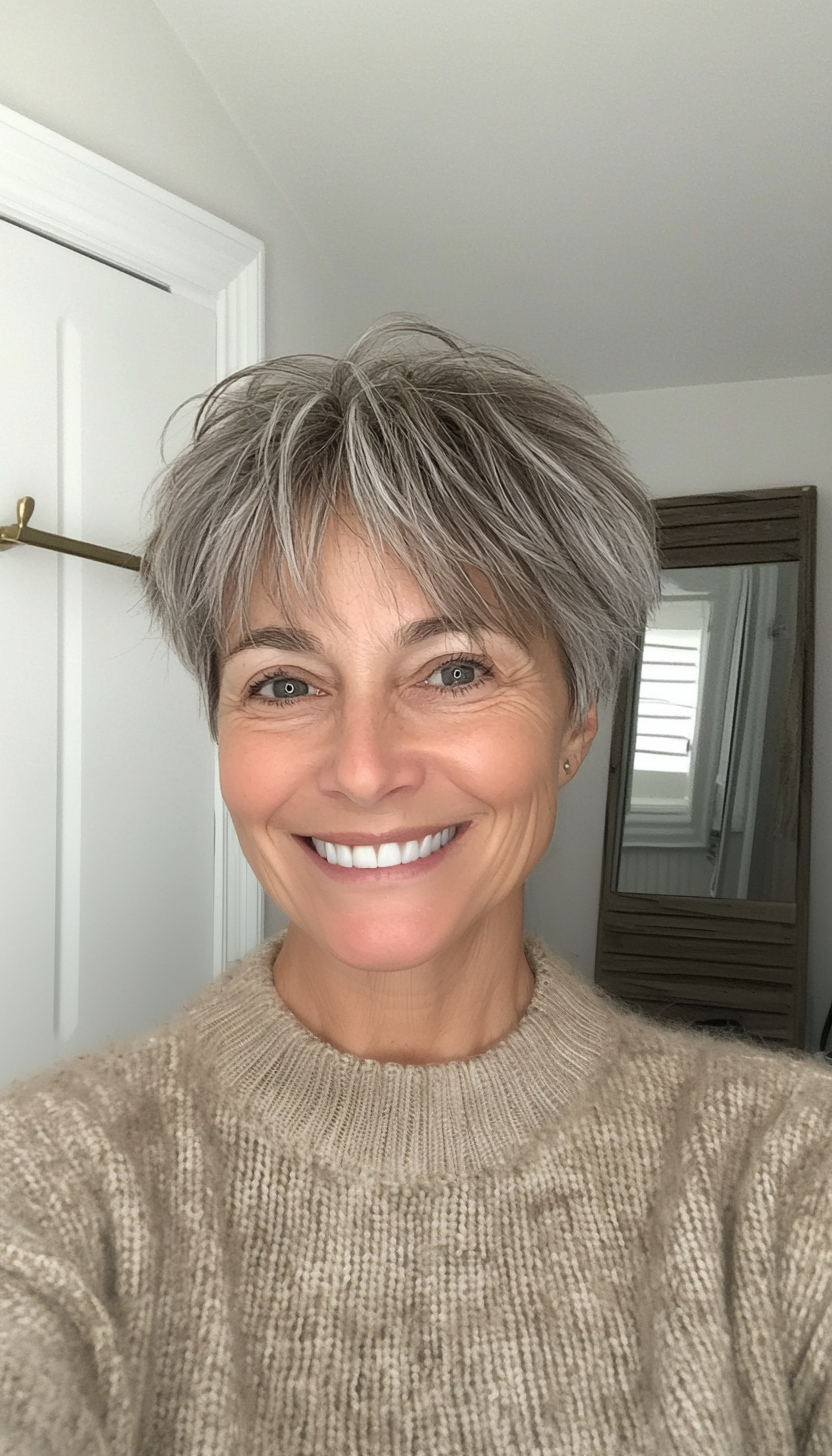 6. Short Textured Cut in Salt-and-Pepper Tones (Hairstyles For Women Over 60 With Fine Hair) - Hairstyles For Women Over 60 With Fine Hair