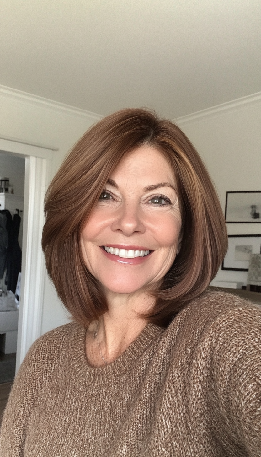 8. Side-Parted Bob with Deep Chestnut (Hairstyles For Women Over 60 With Fine Hair) - Hairstyles For Women Over 60 With Fine Hair