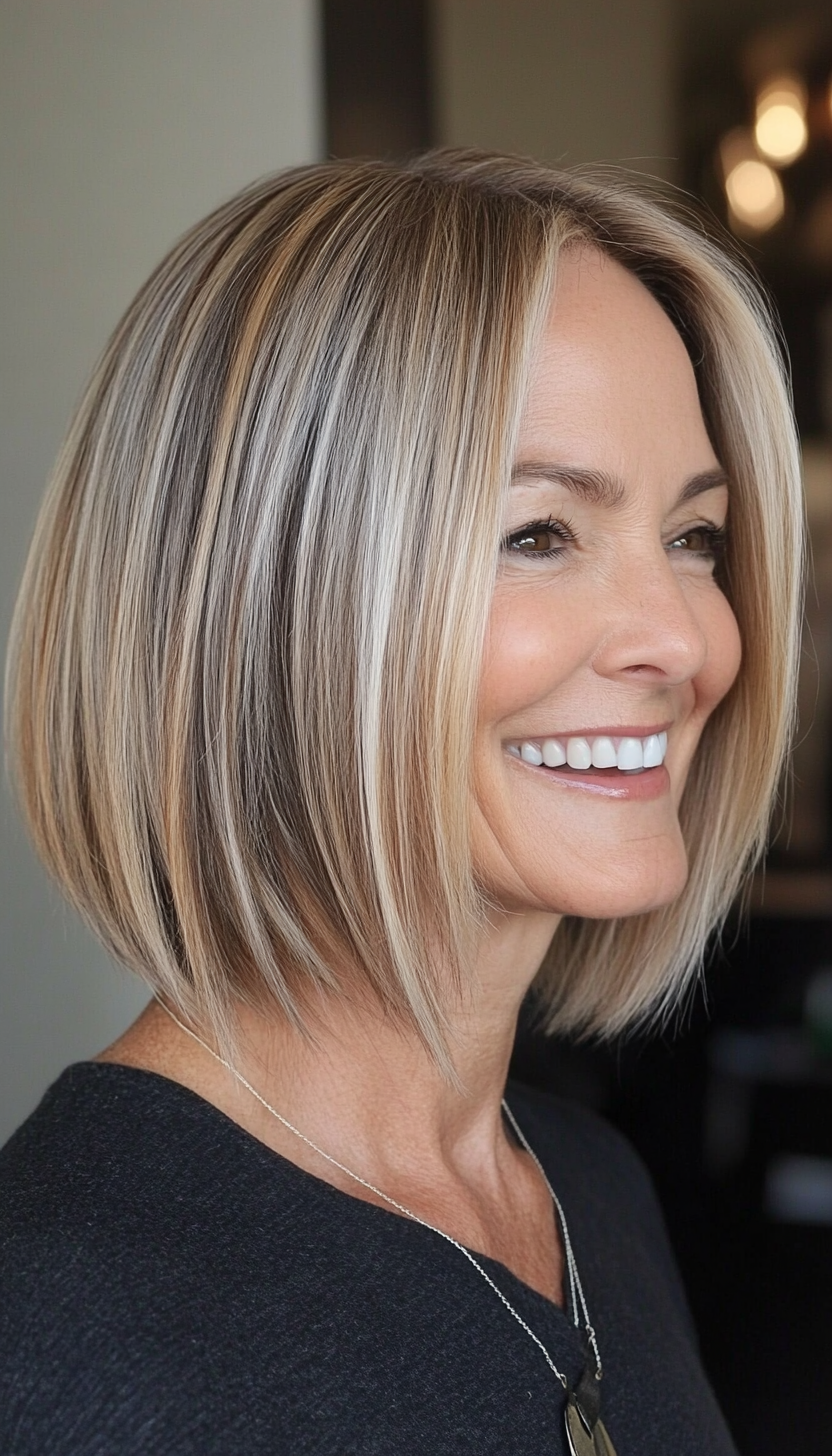 13. Angled Bob with Warm Blonde Highlights (Hairstyles For Women Over 60 With Fine Hair) - Hairstyles For Women Over 60 With Fine Hair