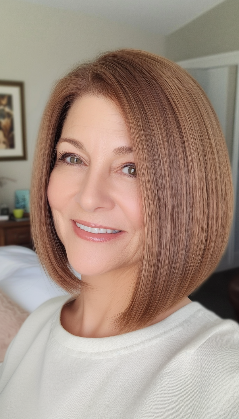16. Straight Bob with Caramel Brown Tones (Hairstyles For Women Over 60 With Fine Hair) - Hairstyles For Women Over 60 With Fine Hair
