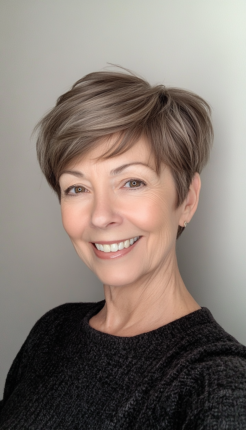17. Soft Pixie Crop in Deep Espresso Brown (Hairstyles For Women Over 60 With Fine Hair) - Hairstyles For Women Over 60 With Fine Hair