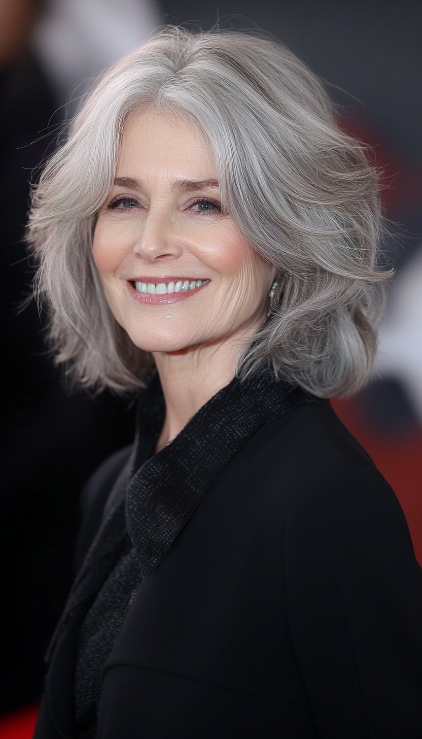 21. Neck-Length Feathered Bob in Warm Gray (Hairstyles For Women Over 60 With Fine Hair) - Hairstyles For Women Over 60 With Fine Hair