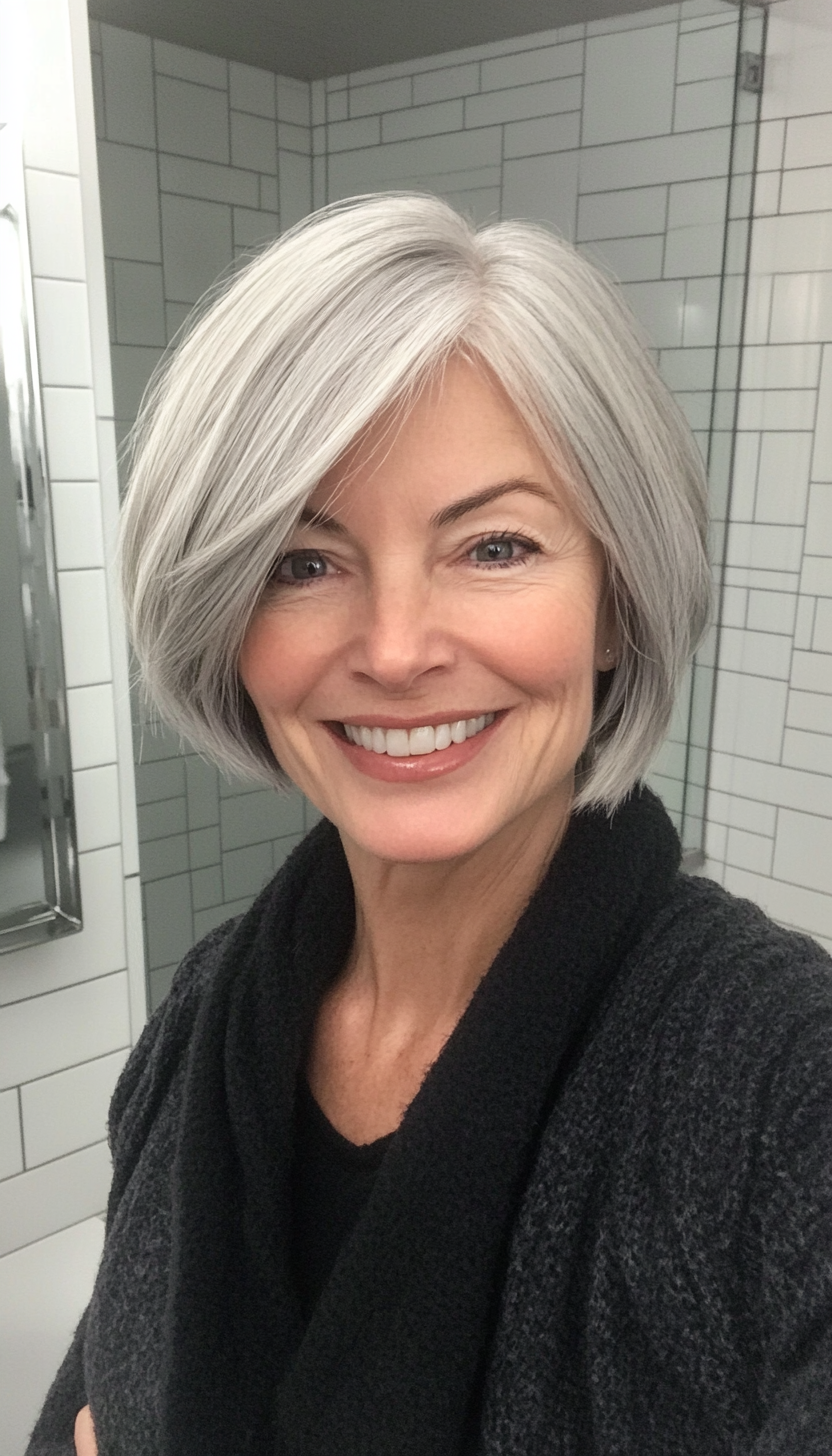 25. Modern Bowl Cut in Natural Gray (Hairstyles For Women Over 60 With Fine Hair) - Hairstyles For Women Over 60 With Fine Hair
