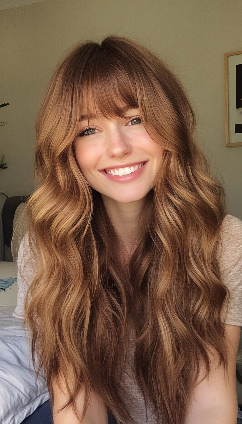 9. Maple Brown Curtain Bangs (Hippie Haircuts) - Hippie Haircuts