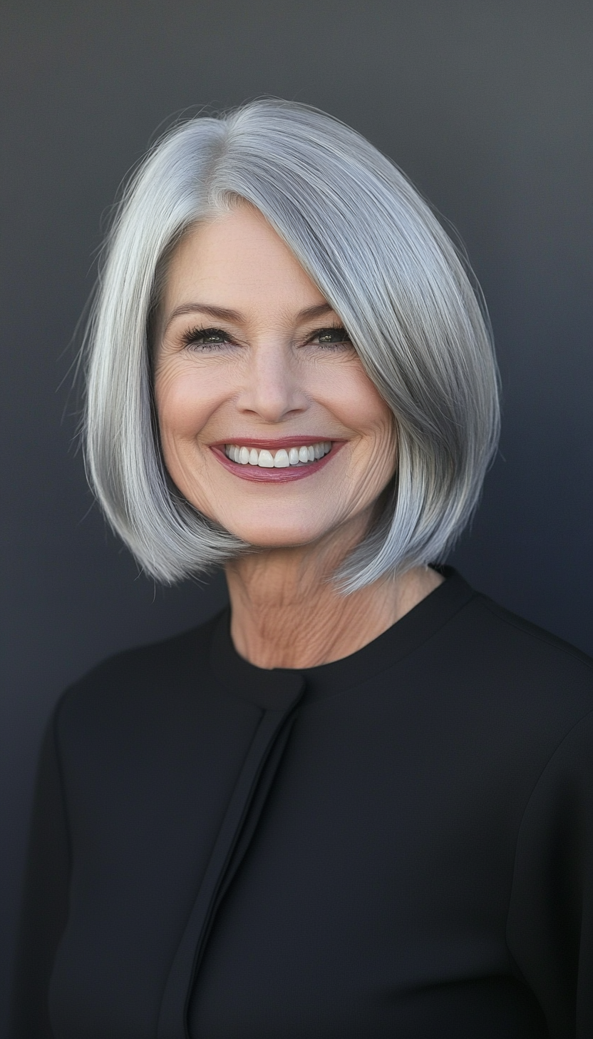 4. Elegant Silver Chin-Length Bob (Modern Hairstyles For Women Over 50) - Modern Hairstyles For Women Over 50