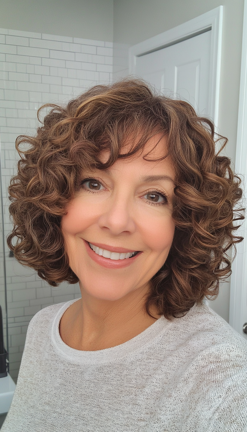 7. Curly Bob in Warm Caramel Brown (Modern Hairstyles For Women Over 50) - Modern Hairstyles For Women Over 50