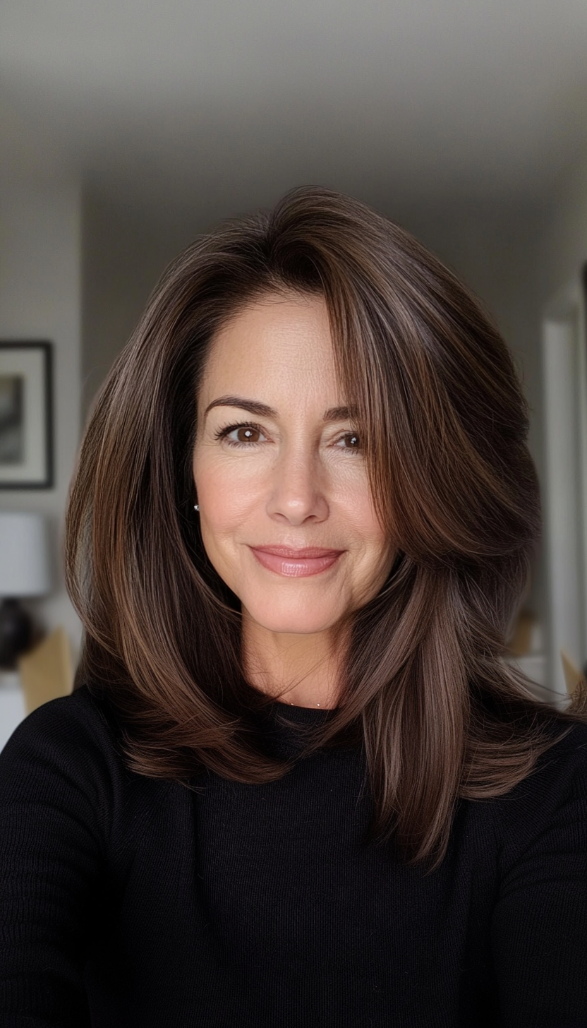 14. Layered Mid-Length Cut in Soft Mocha Brown (Modern Hairstyles For Women Over 50) - Modern Hairstyles For Women Over 50