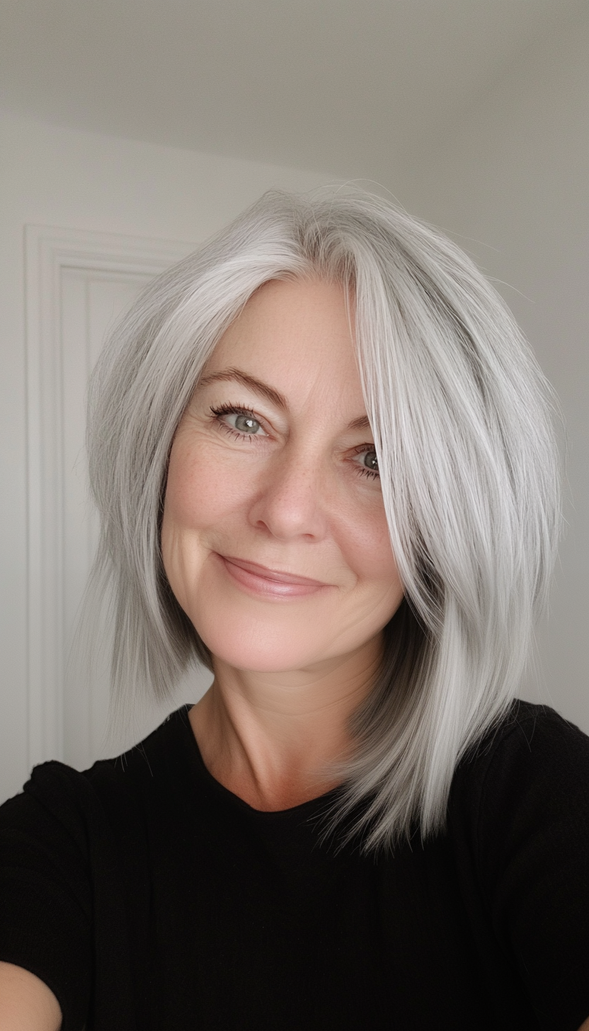 15. Choppy Bob in Icy Silver (Modern Hairstyles For Women Over 50) - Modern Hairstyles For Women Over 50