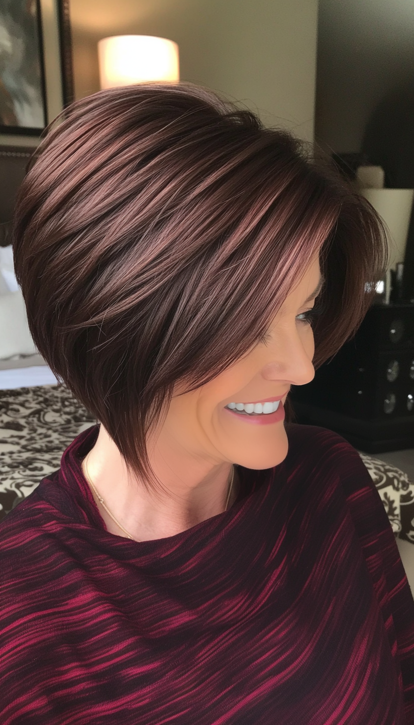 16. Side-Swept Short Crop in Rich Mahogany (Modern Hairstyles For Women Over 50) - Modern Hairstyles For Women Over 50