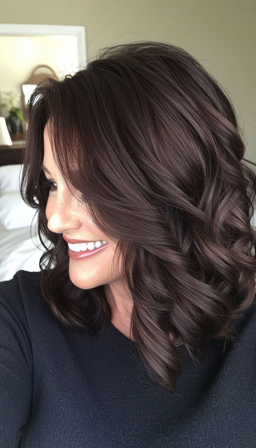 17. Classic Shoulder-Length Waves in Dark Chocolate Brown (Modern Hairstyles For Women Over 50) - Modern Hairstyles For Women Over 50