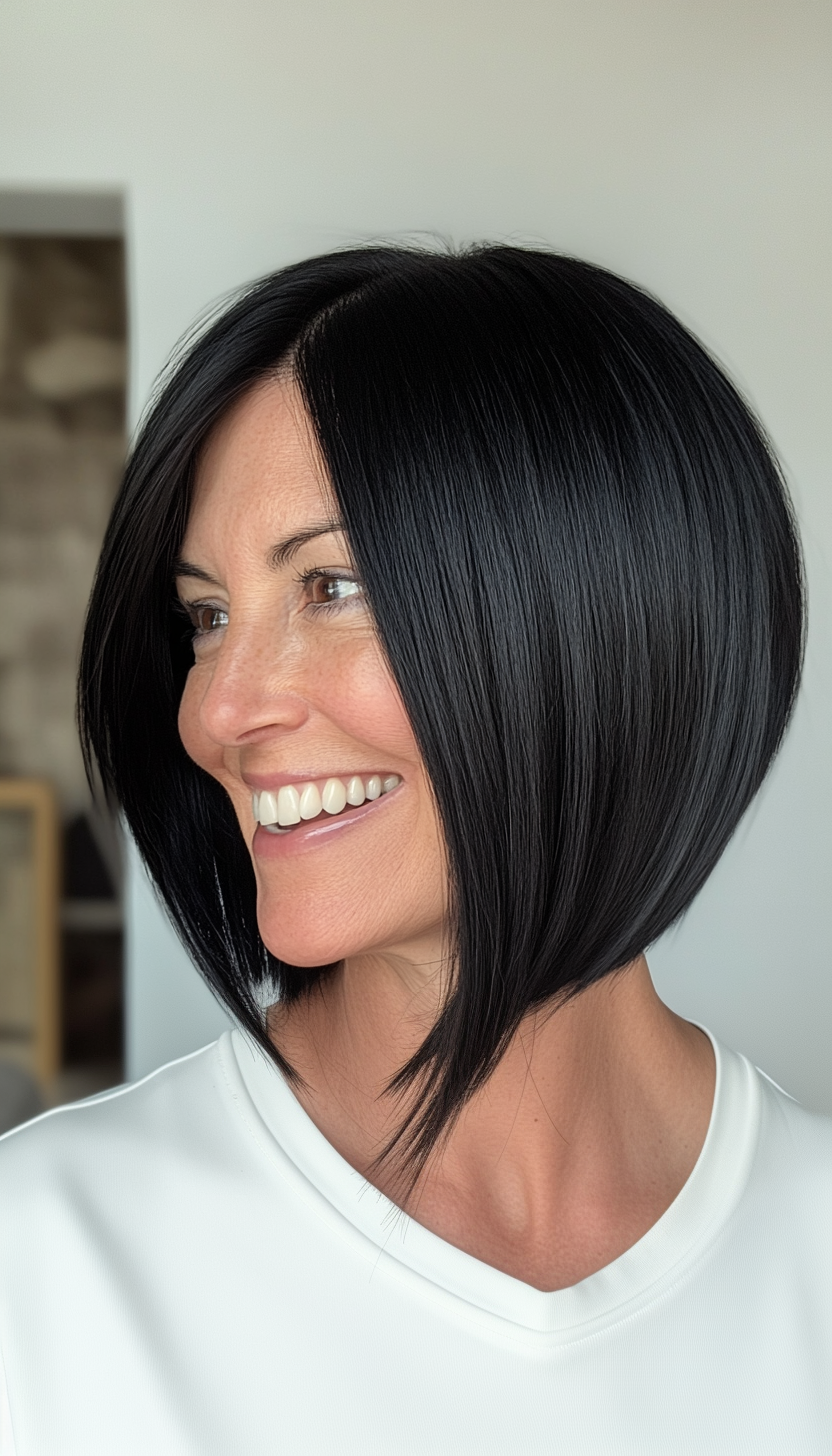 18. Sleek Asymmetrical Bob in Jet Black (Modern Hairstyles For Women Over 50) - Modern Hairstyles For Women Over 50