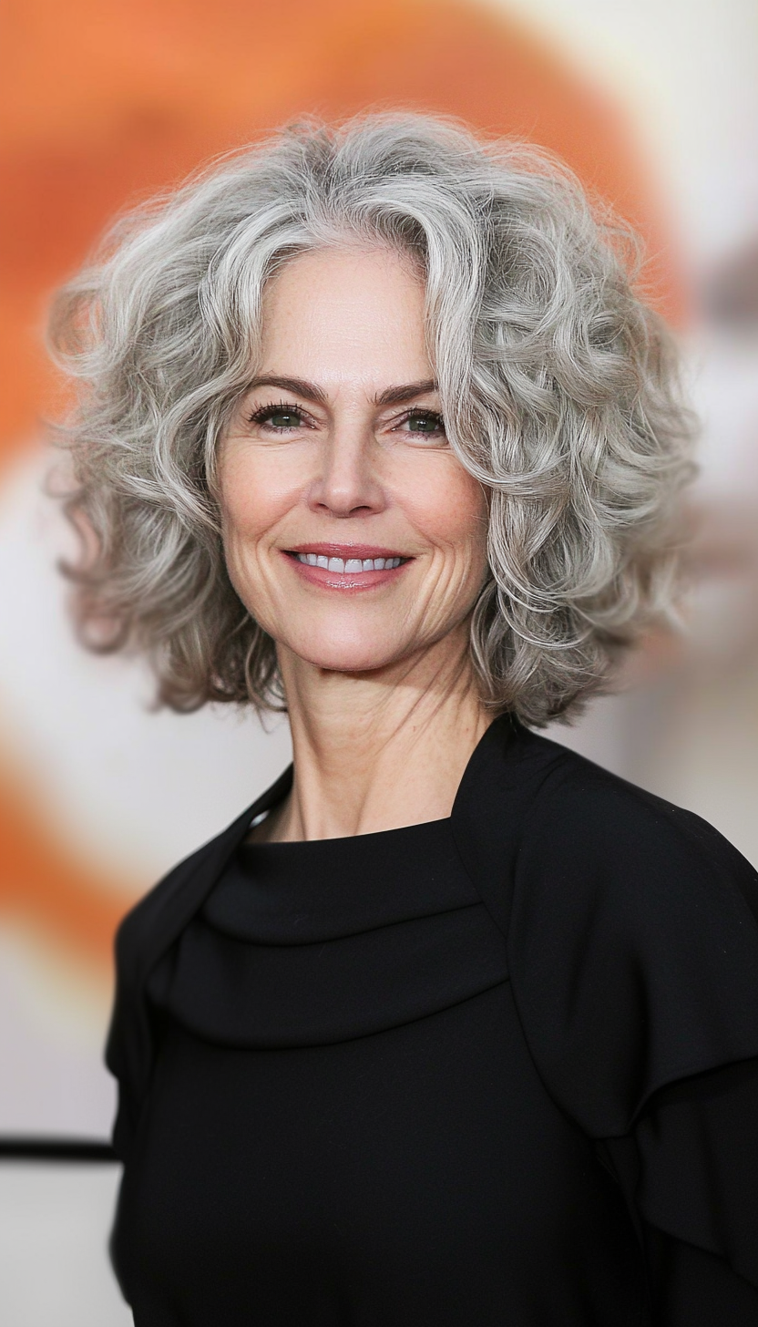 20. Chin-Length Soft Curls in Salt-and-Pepper Tones (Modern Hairstyles For Women Over 50) - Modern Hairstyles For Women Over 50