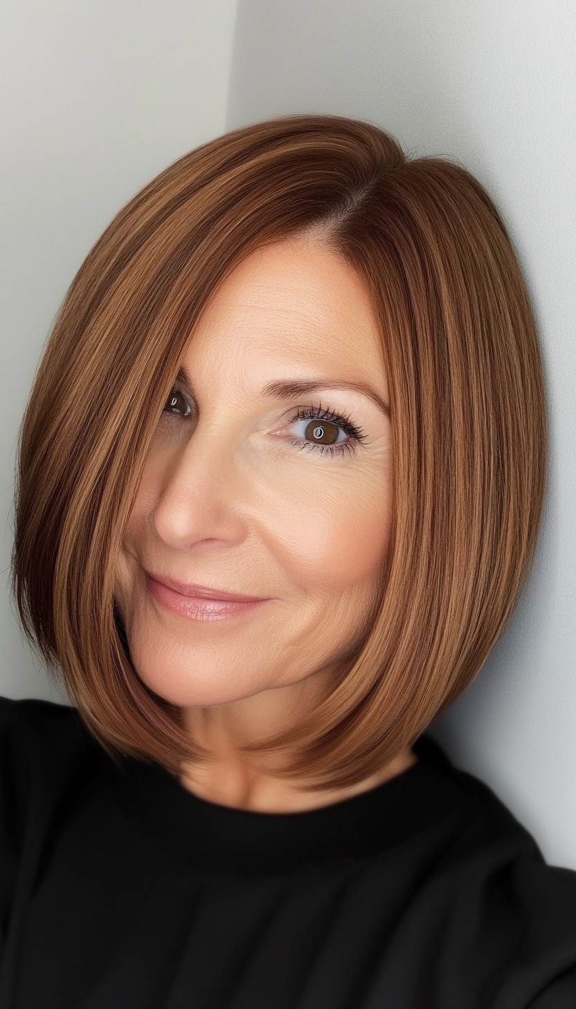 24. Chin-Length Sleek Bob in Warm Honey Brown (Modern Hairstyles For Women Over 50) - Modern Hairstyles For Women Over 50